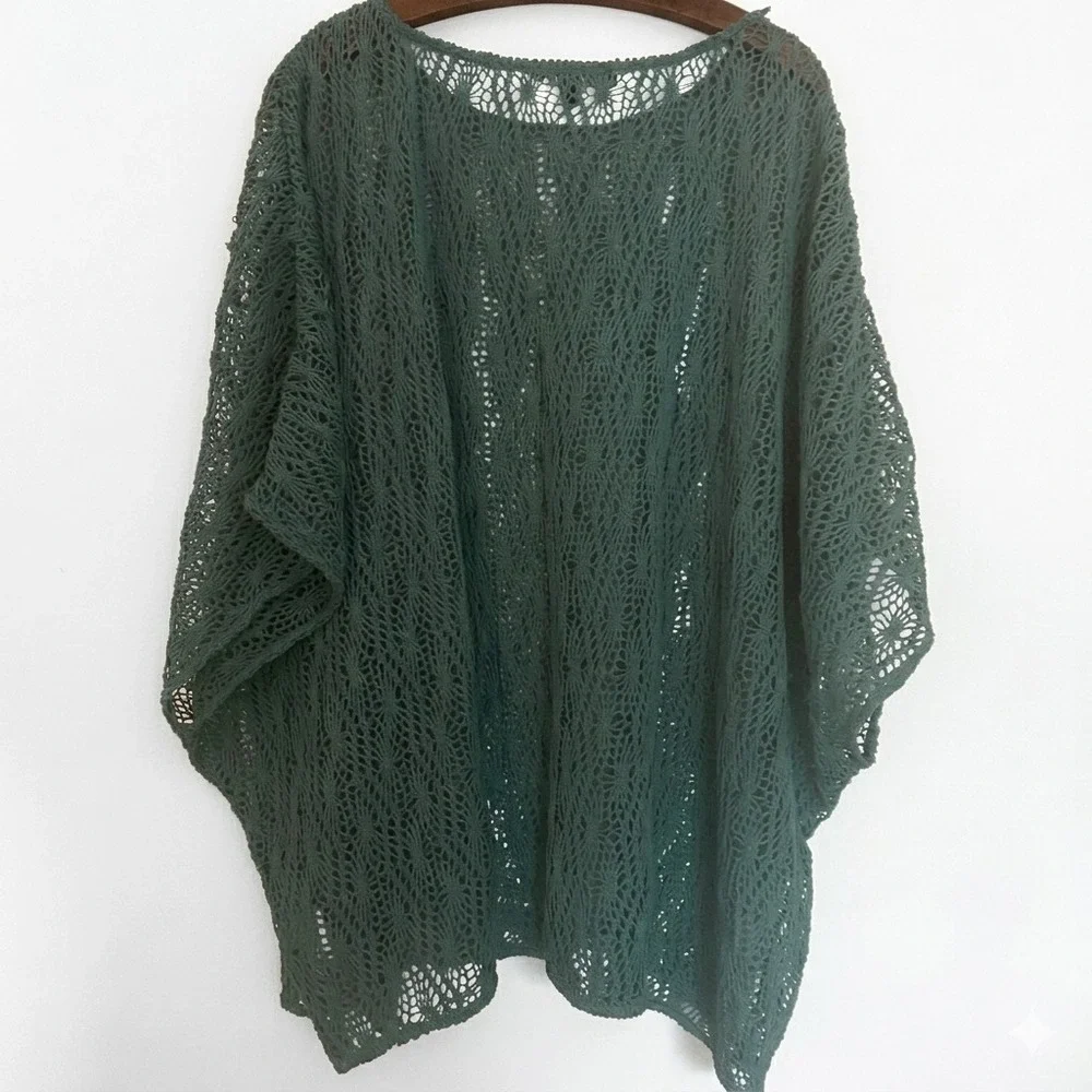 Colleen Lopez Top Size 2X Open Knit Crochet Teal Poncho Top Boho Beach Festival